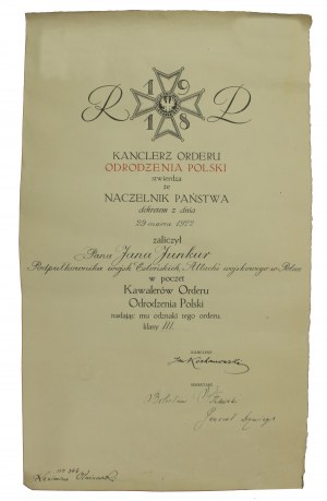 Second Republic of Poland, Diploma of the Cross of the Order of Polonia Restituta Class III for Lt. Col. of the Estonian Army, military attaché in Poland, 1922 (751)