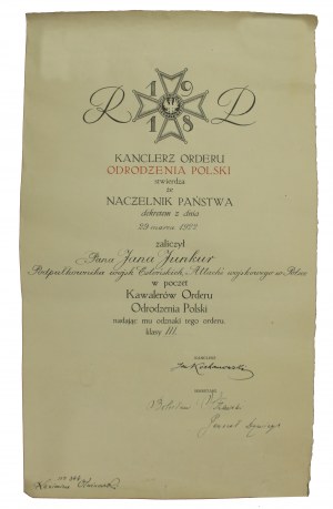II RP, Diplom über die Verleihung des Kreuzes des Ordens der Polonia Restituta Klasse III an Oberstleutnant der estnischen Armee, Militärattaché in Polen, 1922 (751)