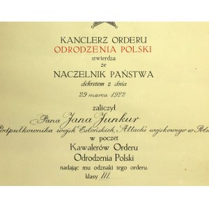 II RP, Dyplom Krzyża Orderu Odrodzenia Polski klasy III dla ppłk. Wojsk estońskich, attache wojskowego w Polsce, 1922 r. (751)