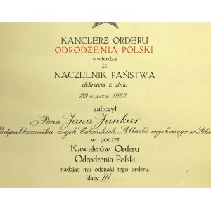 II RP, diplom Kříže řádu Polonia Restituta III. třídy pro podplukovníka estonské armády, vojenského atašé v Polsku, 1922 (751)