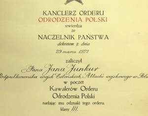 Second Republic of Poland, Diploma of the Cross of the Order of Polonia Restituta Class III for Lt. Col. of the Estonian Army, military attaché in Poland, 1922 (751)