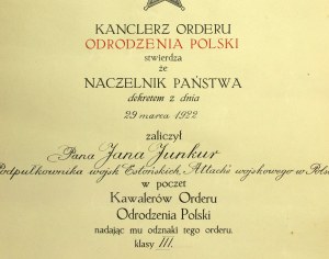 II RP, Dyplom Krzyża Orderu Odrodzenia Polski klasy III dla ppłk. Wojsk estońskich, attache wojskowego w Polsce, 1922 r. (751)