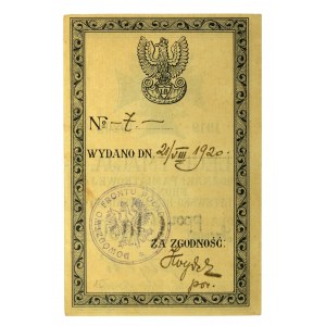 Legitymacja [numer 7] Odznaki Pamiątkowej Frontu Litewsko-Białoruskiego 1920 (775)