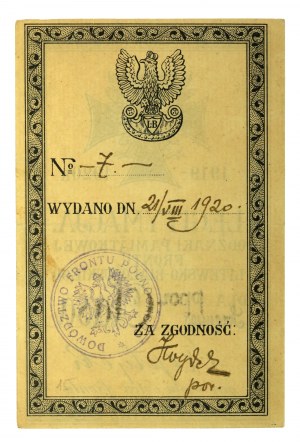 Legitimácia [č. 7] pamätného odznaku Litovsko-bieloruského frontu 1920 (775)