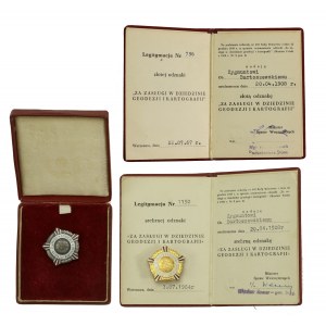 People's Republic of Poland, Set of two badges with ID cards For merits in surveying and cartography + box (446)