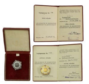People's Republic of Poland, Set of two badges with ID cards For merits in surveying and cartography + box (446)