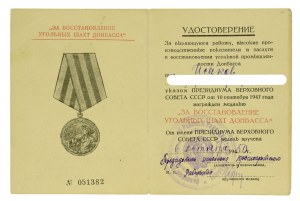 SSSR, medaile za obnovu uhelných dolů na Donbasu s průkazem 1950 (520)