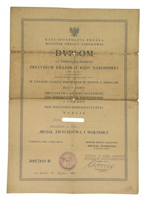 PRL, Medaile vítězství a svobody s diplomem, 32 PP Sanok 1946 (749)