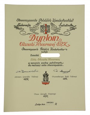 III RP, diplom pro udělení zlatého čestného odznaku Sdružení polských veteránů (800)