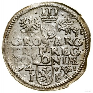 Trojak, 1594, Poznań; duża głowa króla, płaska korona z...