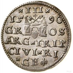 Trojak, 1590, Ryga; mała głowa króla, dwukropek pomiędz...