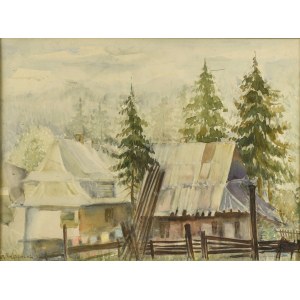 Marian TRZEBIŃSKI (1871-1942), Tatra-Landschaft mit Hütten und Bergen im Hintergrund, 1938