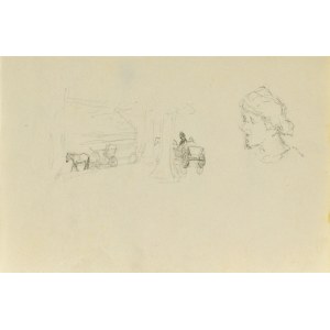 Józef PIENIĄŻEK (1888-1953), Wiejska scena z wozami zaprzężonymi w konie oraz szkic głowy kobiety