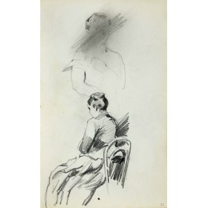 Stanisław KACZOR BATOWSKI (1866-1945), Žena v dlhých šatách sediaca na stoličke zobrazená zľava vzadu, nad nedokončenou skicou busty ženy, zakrúžkovaná umelcom