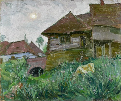 Józef PIENIĄŻEK (1888-1953), Pejzaż z chatami i krową