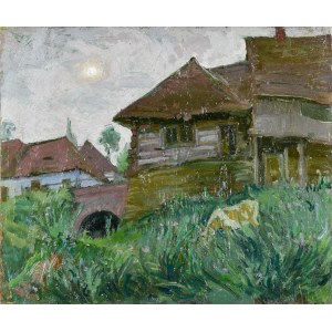 Józef PIENIĄŻEK (1888-1953), Landscape with cottages and a cow