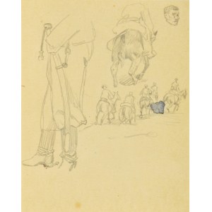 Ludwik MACIĄG (1920-2007), Skizze von Männern zu Pferd und den Beinen eines Lanzenreiters mit Säbel
