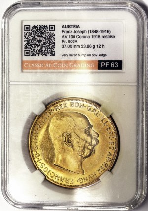 Rakúsko, Rakúsko-Uhorsko, František Jozef I. (1848-1916), 100 Corona 1915 Restrike,, Viedeň