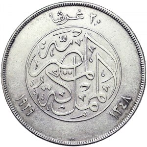 Égypte, Royaume, Fouad Ier (1340-1355 H) (1922-1936 J.-C.), 20 Piastres 1929