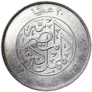 Egypt, kráľovstvo, Fuad I. (1340-1355 AH) (1922-1936 AD), 20 Piastres 1933