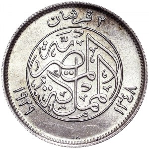Egypt, kráľovstvo, Fuad I. (1340-1355 po Kr.) (1922-1936 po Kr.), 2 piastre 1929