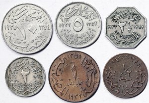 Égypte, Royaume, Fouad Ier (1340-1355 H) (1922-1936 J.-C.), Lot 6 pièces.