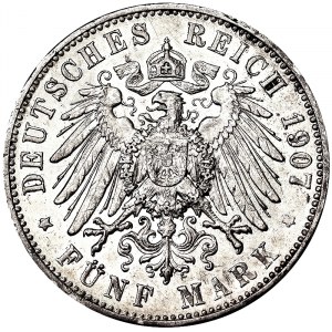 Allemagne, Württemberg, Wilhelm II (1888-1918), 5 Mark 1907, F Freudenstadt