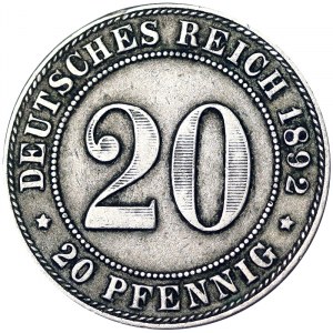 Deutschland, DEUTSCHES REICH, Wilhelm II (1888-1918), 20 Pfennig 1892, J Hamburg