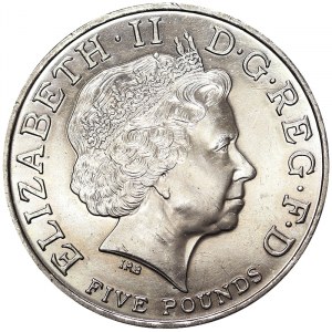 Gran Bretagna, Regno, Elisabetta II (1952-2022), 5 sterline 2002, Londra
