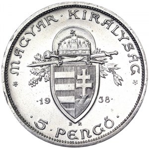 Maďarsko, republika, regentské mince (1926-1945), 5 Pengo 1938, Budapešť