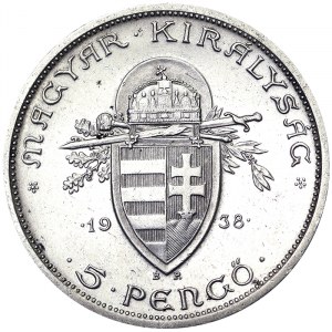 Maďarsko, republika, regentské mince (1926-1945), 5 Pengo 1938, Budapešť