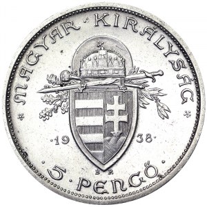 Ungarn, Republik, Regentschaftsmünzen (1926-1945), 5 Pengo 1938, Budapest