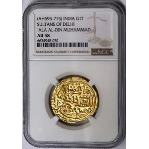 India, sultán Dillí, Ala-ud-Din Muhammad Shah (695-715 AH / 1296-1316 AD), zlatá tanca, mincovňa Hadrat Delhi