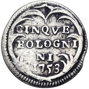 Italian States, Bologna, Benedetto XIV (1740-1758), 5 Bolognini 1753, Bologna