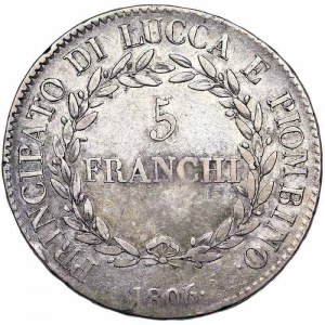 Italian States, Lucca and Piombino, Elisa Bonaparte and Felice Baciocchi (1805-1814), 5 Franchi 1806, Florence