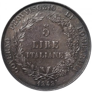 Państwa włoskie, Mediolan, Lombardia, Rząd Tymczasowy (1848-1849), 5 lirów 1848, Mediolan