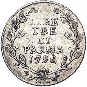 États italiens, Parme, Ferdinando de Borbone (1765-1802), 3 Lire 1796, Parme