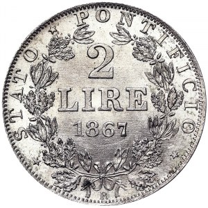 États italiens, Rome (État pontifical), Pie IX (1866-1870), 2 Lire 1867, Rome