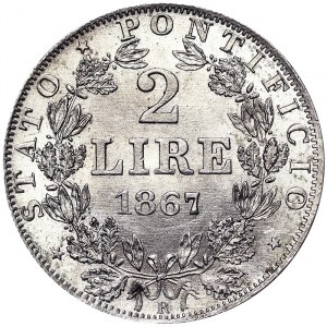 Italské státy, Řím (Papežský stát), Pio IX (1866-1870), 2 Lire 1867, Řím