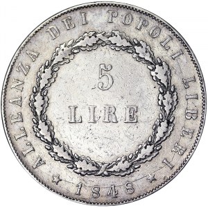 Italian States, Venice, Provisional Government of Venice (1848-1849), 5 Lire 1848, Venice