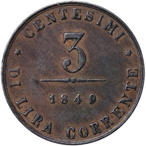 Państwa włoskie, Wenecja, Rząd Tymczasowy Wenecji (1848-1849), bardzo rzadki wariant jednostronny, 3 centy 1848 r.