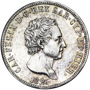Taliansko, Sardínske kráľovstvo (1324-1861), Carlo Felice (1821-1831), 5 Lire 1826, Turín