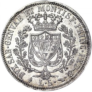 Taliansko, Sardínske kráľovstvo (1324-1861), Carlo Felice (1821-1831), 5 Lire 1826, Turín