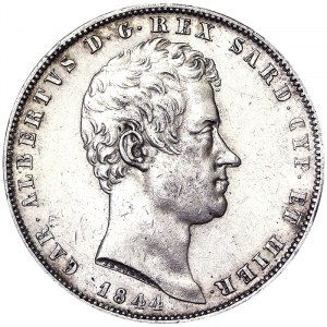 Italie, Royaume de Sardaigne (1324-1861), Carlo Alberto (1831-1849), 5 Lire 1844, Gênes