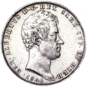 Italy, Kingdom of Sardinia (1324-1861), Carlo Alberto (1831-1849), 5 Lire 1844, Genoa