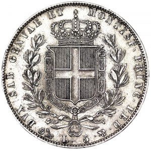 Itálie, Sardinské království (1324-1861), Carlo Alberto (1831-1849), 5 lir 1844, Janov