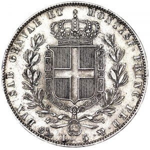 Italie, Royaume de Sardaigne (1324-1861), Carlo Alberto (1831-1849), 5 Lire 1844, Gênes