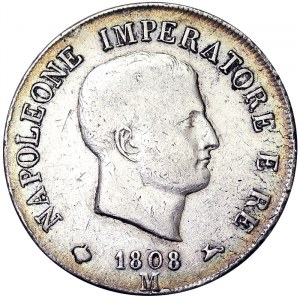 Italie, Royaume d'Italie, Napoléon Ier (1805-1814), 5 Lire 1808, Milan
