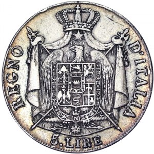 Italie, Royaume d'Italie, Napoléon Ier (1805-1814), 5 Lire 1808, Milan