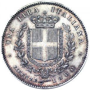 Taliansko, Talianske kráľovstvo, Vittorio Emanuele II Re Eletto Zvolený kráľ (1859-1861), 1 lira 1860, Florencia